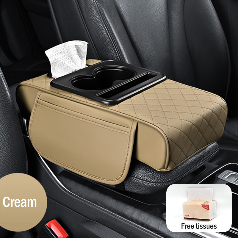 🚗Almohadilla universal 4 en 1 para reposabrazos de coche de cuero ✅ Caja de pañuelos incorporada ✅ Portavasos