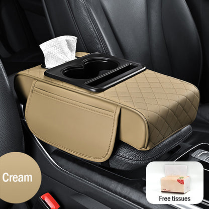 🚗Almohadilla universal 4 en 1 para reposabrazos de coche de cuero ✅ Caja de pañuelos incorporada ✅ Portavasos