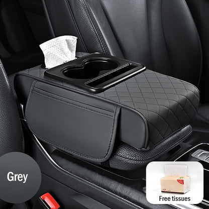 🚗Almohadilla universal 4 en 1 para reposabrazos de coche de cuero ✅ Caja de pañuelos incorporada ✅ Portavasos