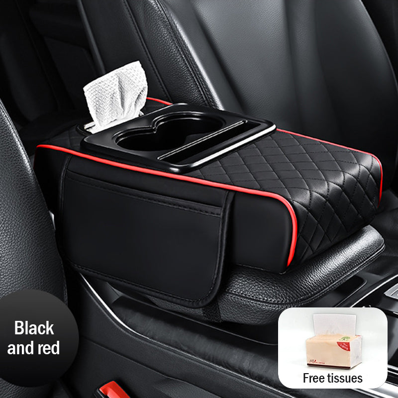 🚗Almohadilla universal 4 en 1 para reposabrazos de coche de cuero ✅ Caja de pañuelos incorporada ✅ Portavasos
