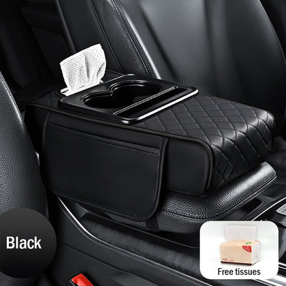 🚗Almohadilla universal 4 en 1 para reposabrazos de coche de cuero ✅ Caja de pañuelos incorporada ✅ Portavasos