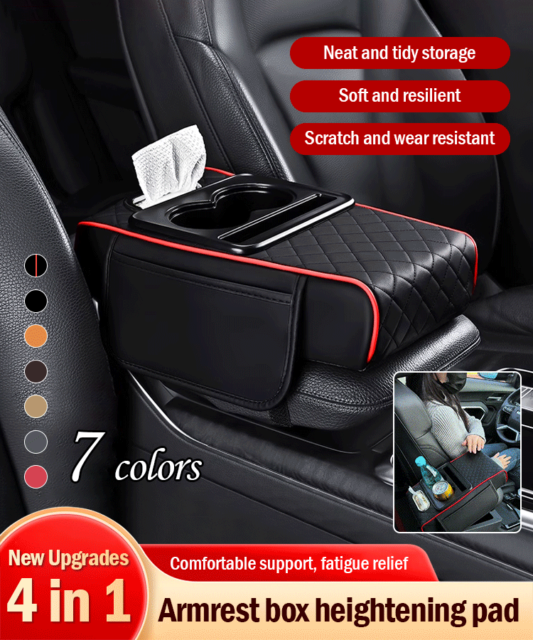🚗Almohadilla universal 4 en 1 para reposabrazos de coche de cuero ✅ Caja de pañuelos incorporada ✅ Portavasos