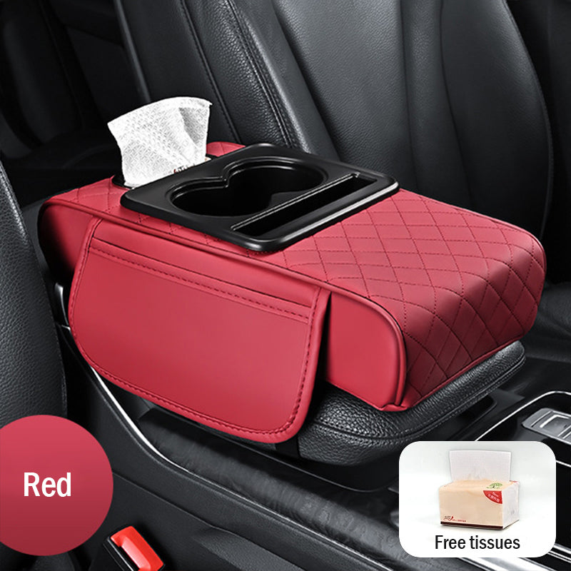 🚗Almohadilla universal 4 en 1 para reposabrazos de coche de cuero ✅ Caja de pañuelos incorporada ✅ Portavasos