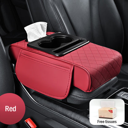 🚗Almohadilla universal 4 en 1 para reposabrazos de coche de cuero ✅ Caja de pañuelos incorporada ✅ Portavasos