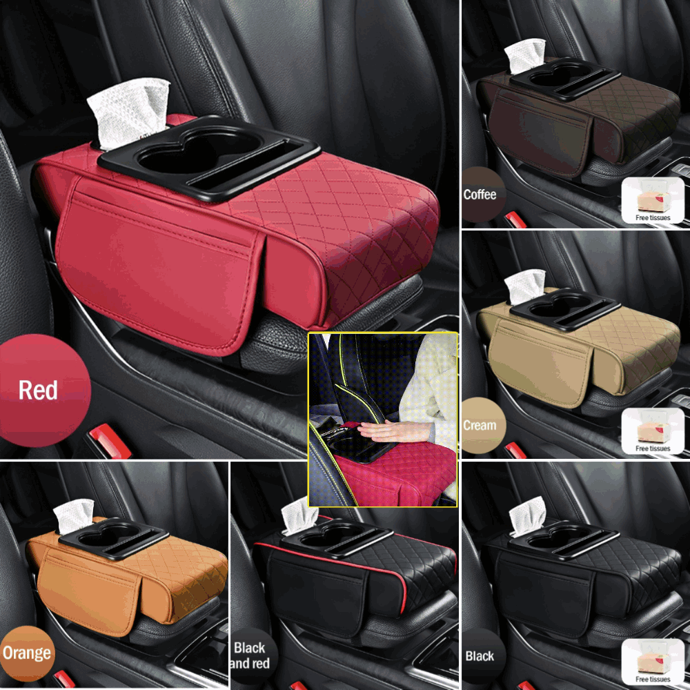🚗Almohadilla universal 4 en 1 para reposabrazos de coche de cuero ✅ Caja de pañuelos incorporada ✅ Portavasos