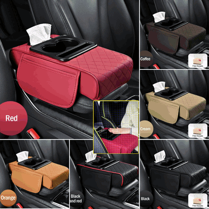 🚗Almohadilla universal 4 en 1 para reposabrazos de coche de cuero ✅ Caja de pañuelos incorporada ✅ Portavasos