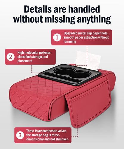 🚗Almohadilla universal 4 en 1 para reposabrazos de coche de cuero ✅ Caja de pañuelos incorporada ✅ Portavasos