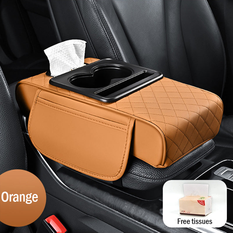 🚗Almohadilla universal 4 en 1 para reposabrazos de coche de cuero ✅ Caja de pañuelos incorporada ✅ Portavasos
