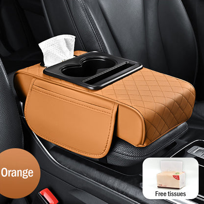 🚗Almohadilla universal 4 en 1 para reposabrazos de coche de cuero ✅ Caja de pañuelos incorporada ✅ Portavasos